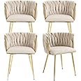 Kiztir Velvet Dining Chairs Set of 4, 4 Piece Upholstered Woven Dining Chairs with Gold Metal Legs Modern Dining Room Chair for Living Room, Bedroom, Kitchen (Beige)