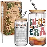 Godmother Proposal Christmas Gift for Women - In My Godmother Era 16oz Coffee Glass Cup with Lids Straws, Great Gifts for Birthday Thanksgiving Christmas from Godchild, Pregnancy Announcement Gifts