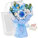 Alecono Crochet Flower Bouquet, Knitted Flowers, Blue Handmade Bouquet of Flowers for Lover Anniversary Birthday Party Mother's Day Graduation Gifts (Include Card)