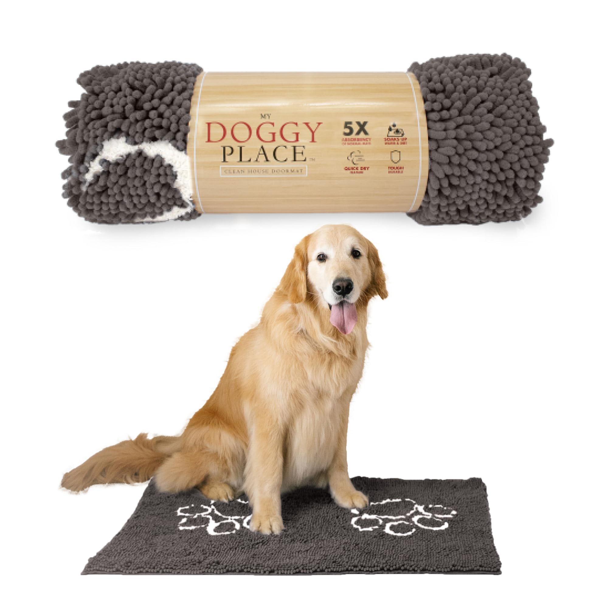 My Doggy Place - Ultra Absorbent Microfiber Dog Door Mat, Durable, Quick Drying, Washable, Prevent Mud Dirt, Keep Your House Clean (Ash w/Paw Print, Large) - 36 x 26 inch