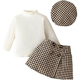 VISGOGO Toddler Girl Skirts Outfit Ribbed Long Sleeve Tops Plaid Tweed Pattern Skirt Beret Baby Fall Winter Clothes