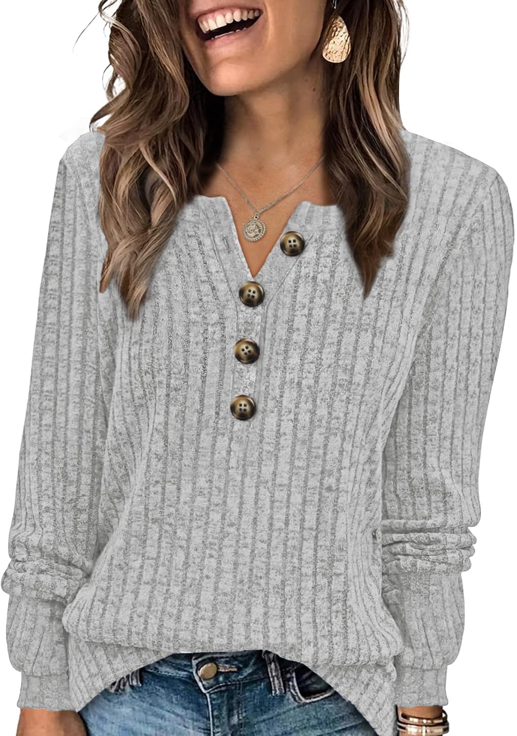 Photo 1 of **MINOR DAMAGED**
Beimuc Womens Sweaters Lightweight Fall Long Sleeve Henley Shirts for Women Cute Basic Ladies Tunic Tops Gray XL