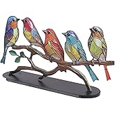 Focket Stained Birds On Branch Desktop Ornaments, Iron Double Painted Bird Colorful Stained Glass Birds Figurine, Beautiful Birds Ornament Tablet for Indoor Home Office Decorations (5 Birds)
