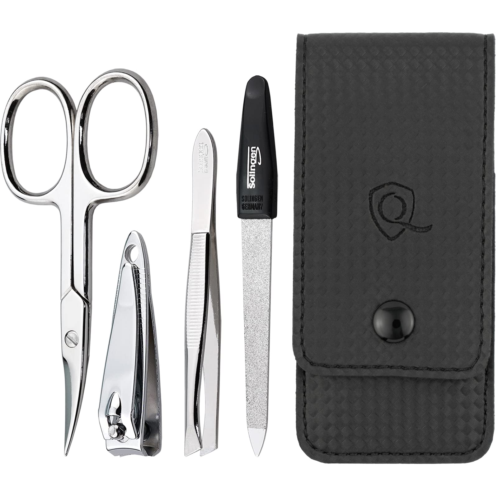 Solingen Manicure Set for Women and Men - 4-Piece Nail Kit, comprising sharp scissors, tweezers, nailclippers, and sapphire nailfile - Ideal for travelling, carbon