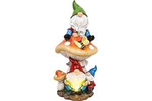 TERESA'S COLLECTIONS Garden Gnomes Statues Decorations for Yard with Solar Lights, Resin Santa Sculptures& Statues on Mushroom Reading Garden Outdoor for Patio Lawn Ornaments,Ideal Gifts 12.6"