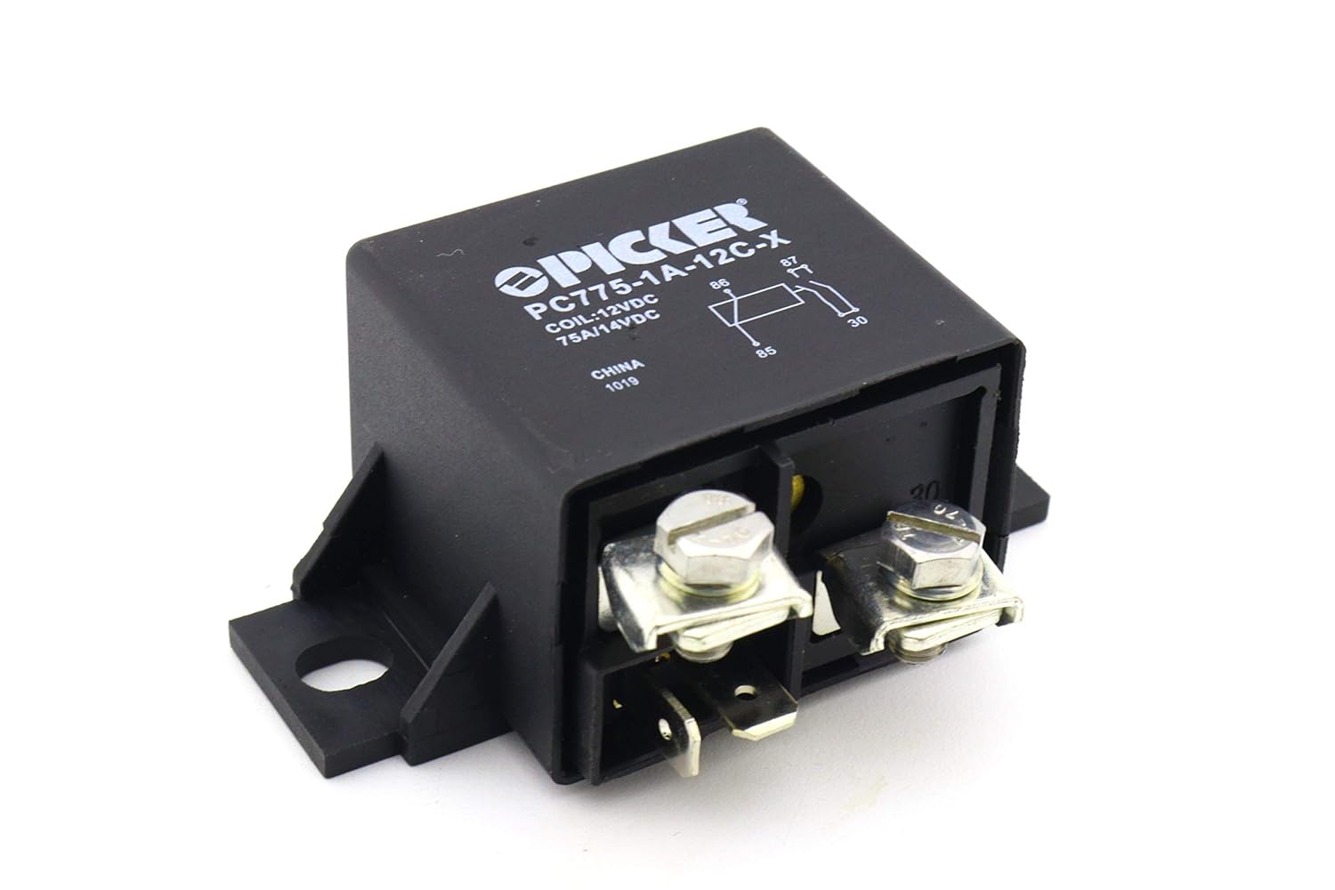 PC775-1A-12C-X | 75 Amp 12 VDC Automotive High Current Power Relay, SPST-NO 12VDC Coil with Bifurcated Contacts | Cross TE V23232-D0001-X001 & Bosch 332002168