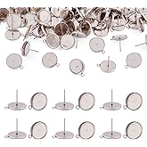 Pandahall 100Pcs Stainless Steel Stud Earring Cabochon Setting 12mm Flat Round Post Cup Bezel Tray with Loop for Jewelry Making Findings