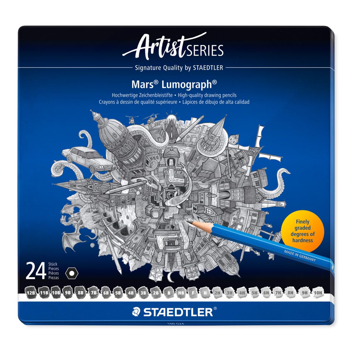 STAEDTLER 100 G24 Mars Lumograph Graphite Pencils for Drawing & Sketching - Assorted Degrees, 12B-10H (Tin of 24), Blue