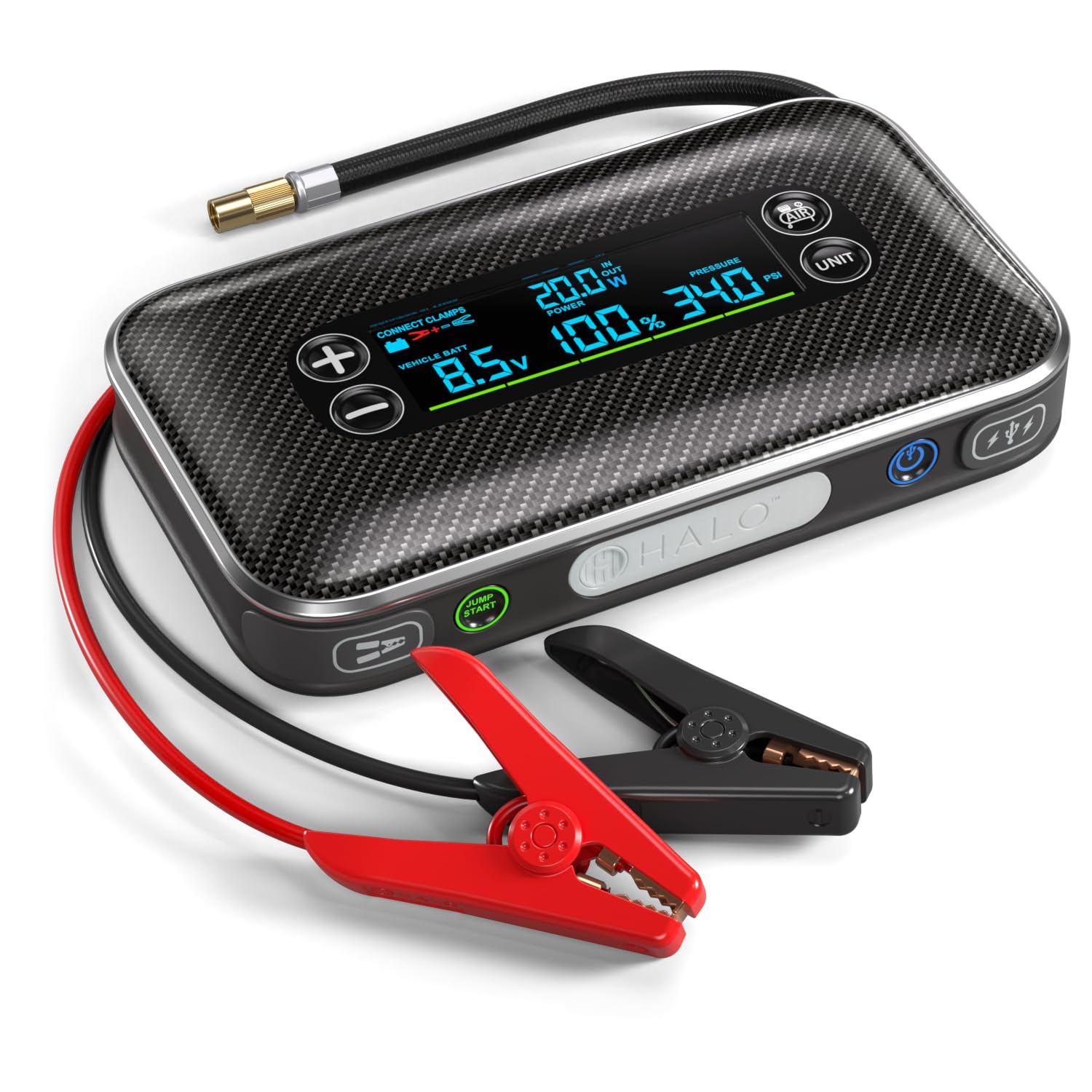 HALO Bolt AIR 1500A Jump Starter, Air Compressor, Power Bank, LED Light, Black