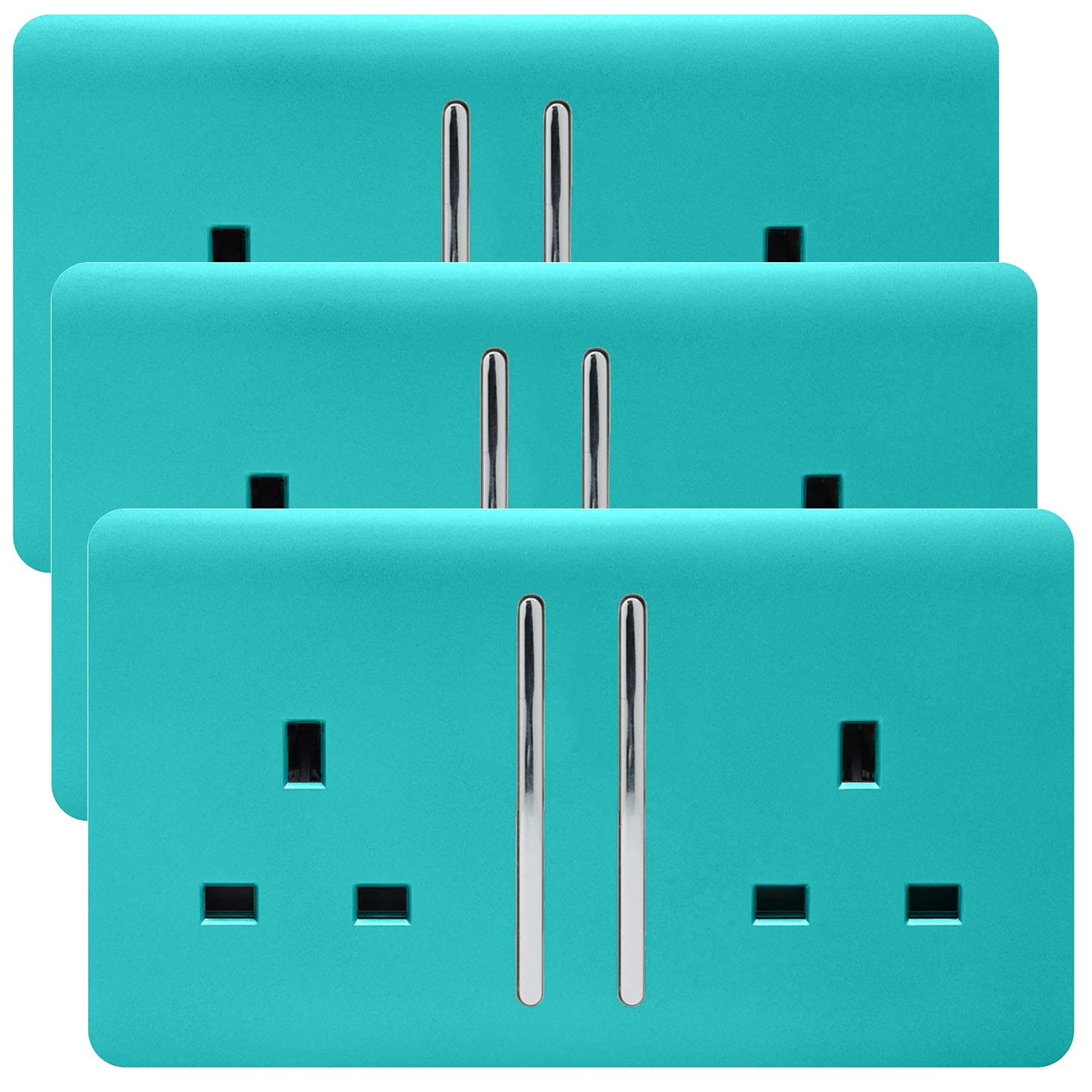 Trendi 2 Gang Artistic Modern Glossy 13 Amp Switched Plug Socket Bright Teal (3 Pack)