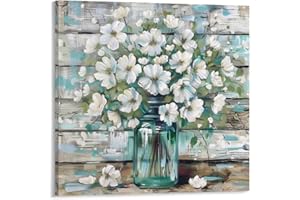CHUKIWIS Rustic Style Canvas Wall Art Teal Blue Mason Jar White Flower Country Canvas Painting Home Decor Bathroom Living Room Dining Room Office Kitchen Ready to Hang 12"x12"