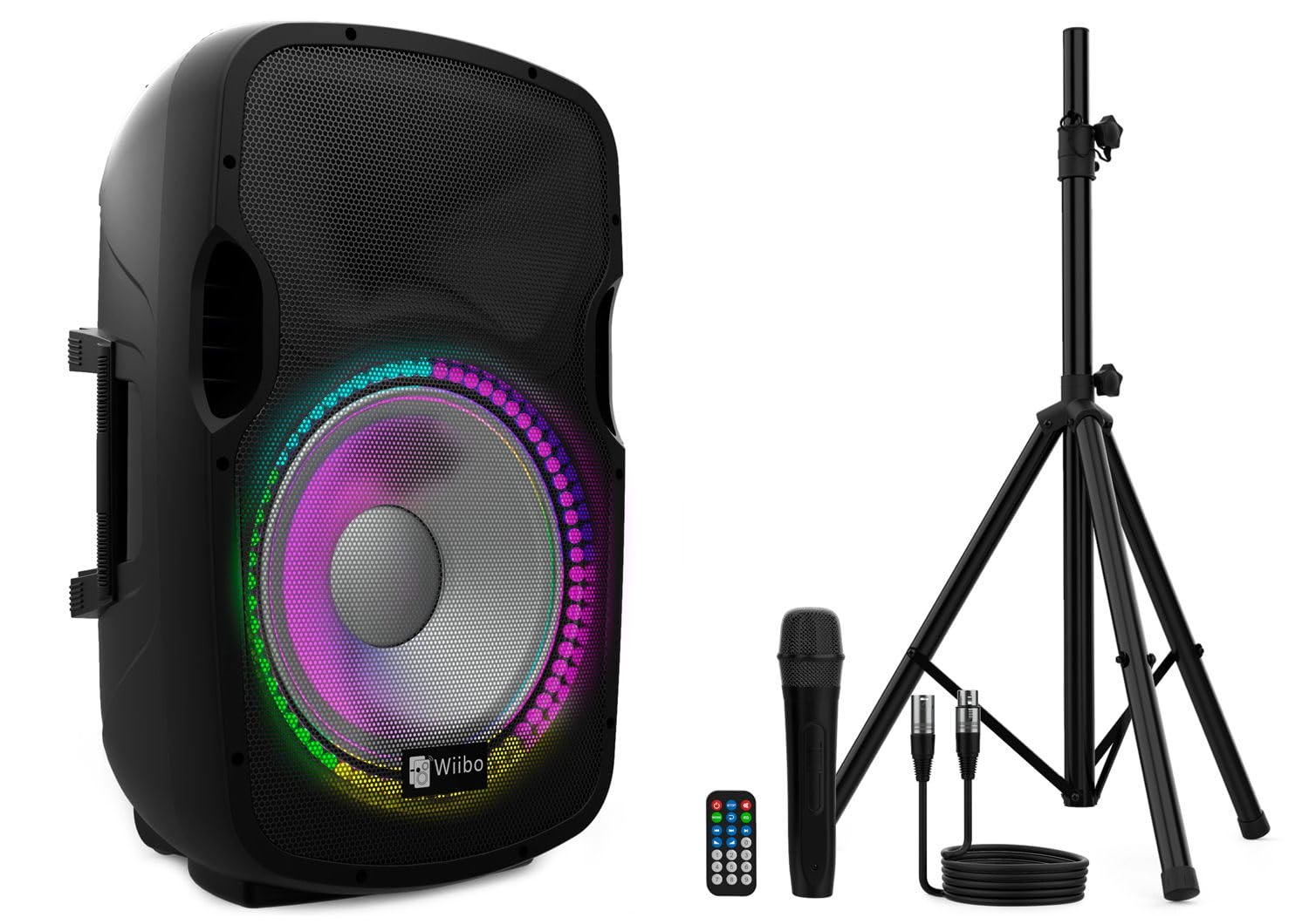 Wiibo Acoustics Wiibo Festa 15Bt - Enceinte Active Professionnelle 15" - Puissance 600W - Haut-Parleur Avec Bluetooth - Connexion Usb/Sd - Support Réglable - Kit Câble + Microphone - Télécommande - Illumination Led