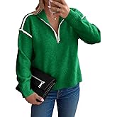 Saodimallsu Womens Quarter Zip Pullover Sweaters Casual Collared V Neck Color Block Long Sleeve Loose Knit Fall Sweater