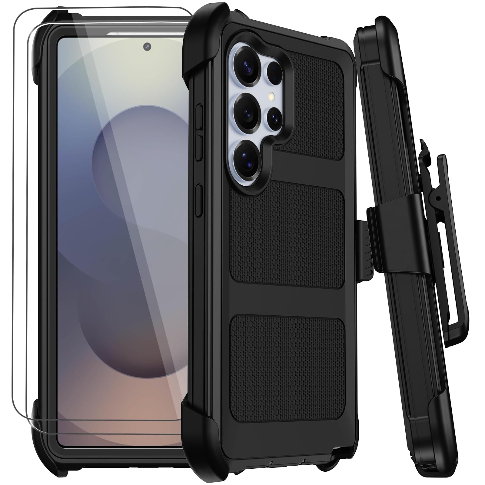 for Samsung Galaxy S25 Ultra Case with Belt Clip Holster,Military Grade Anti-Drop Shockproof Defender Phone Cases 2X Screen Protectors,2 Layers Rugged Heavy Duty Protective Bumper Cover (Black)