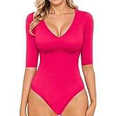 MANGOPOP Women's V Neck Half Sleeve Bodysuit 3/4 Sleeve Slim Fitted Body Suit Sexy Going Out Shirts Tops