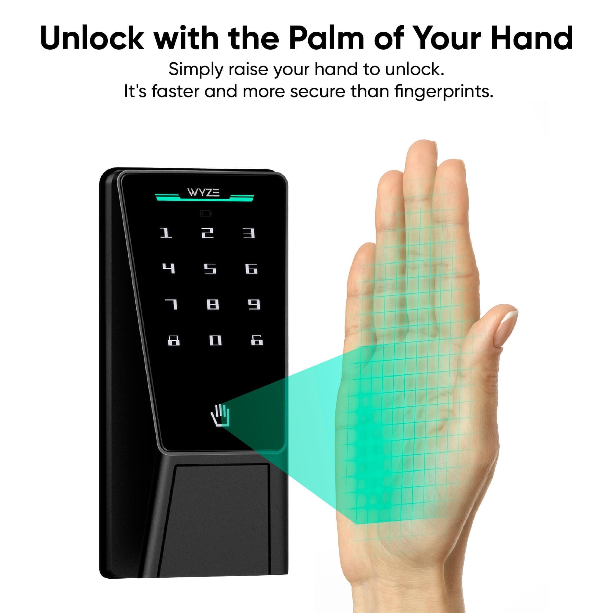 Wyze Palm Lock, Smart Door Lock with Palm Vein Recognition, Keyless Entry Smart Locks for Front Door, Keypad, Auto Lock, Dual Battery, Wi-Fi, Works with Alexa & Google, BHMA, IP53, Mechanical Key
