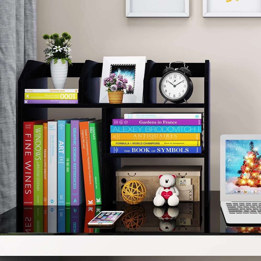 Desktop Bookshelf Wood Desk Organizer Shelf Bookcase with 6 Compartments Storage Shelves for Tabletop Books Holder Stand A4 A5 Paper File Sorter Spice Display Rack in Home Office, Black : Office Products