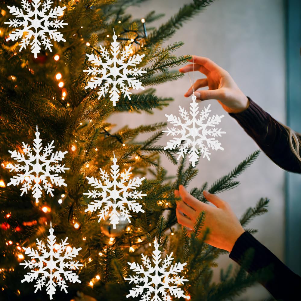 Hanging Christmas Decorations, 24PCS Glitter Snowflake Ornaments for Xmas Tree, 4in White Snowflake Decorations