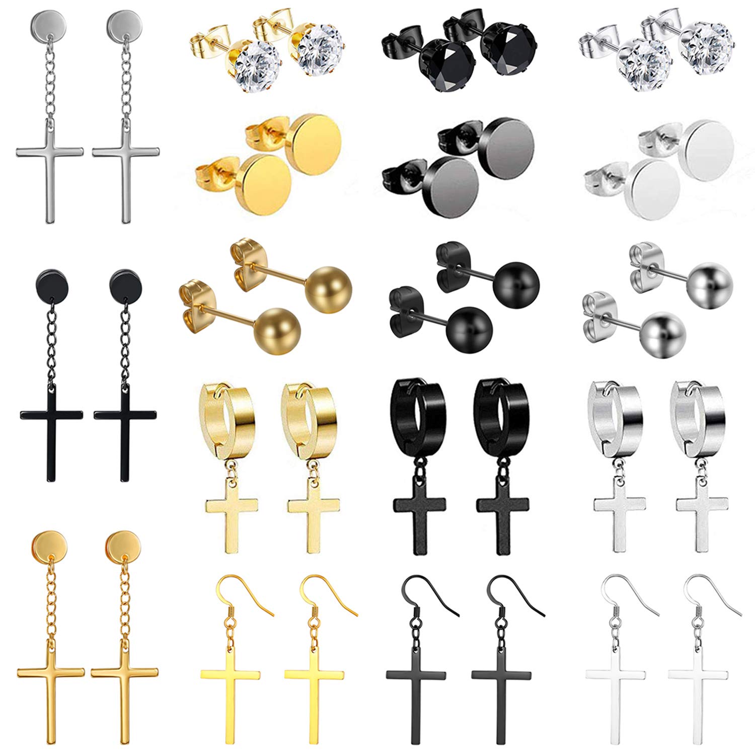 18 Pairs Stainless Steel Stud Dangle Earrings Set for Men Women Cool Huggie Hoop Earring Piercing Silver,Gold,Black