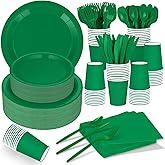 TWOWYHI 228PCS Green Party Supplies Set Include Paper Plates Cups Paper Napkins Plastic Spoons Forks Knives for 30 Guests Disposable Party Dinnerware for Birthday Wedding Family Picnic
