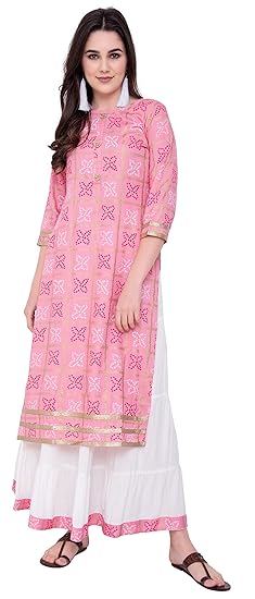 Women's Rayon Straight Kurti with Skirt (Pink & White)