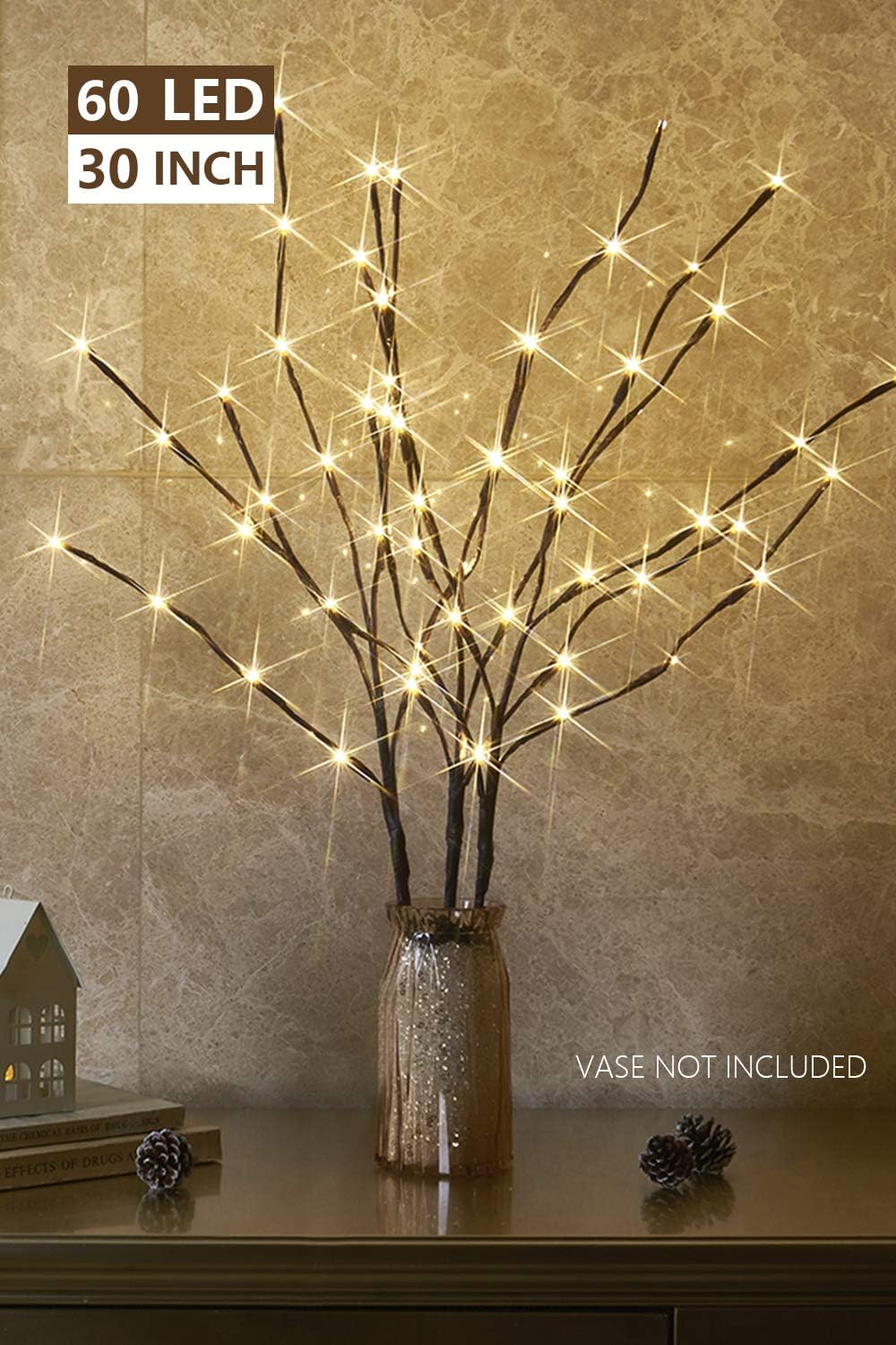 EAMBRITE 3PK 30" Brown Wrapped Lighted Twig Stake with 60LT Warm White LED Bulbs for Outdoor and Indoor use(Vase Excluded): Home Improvement