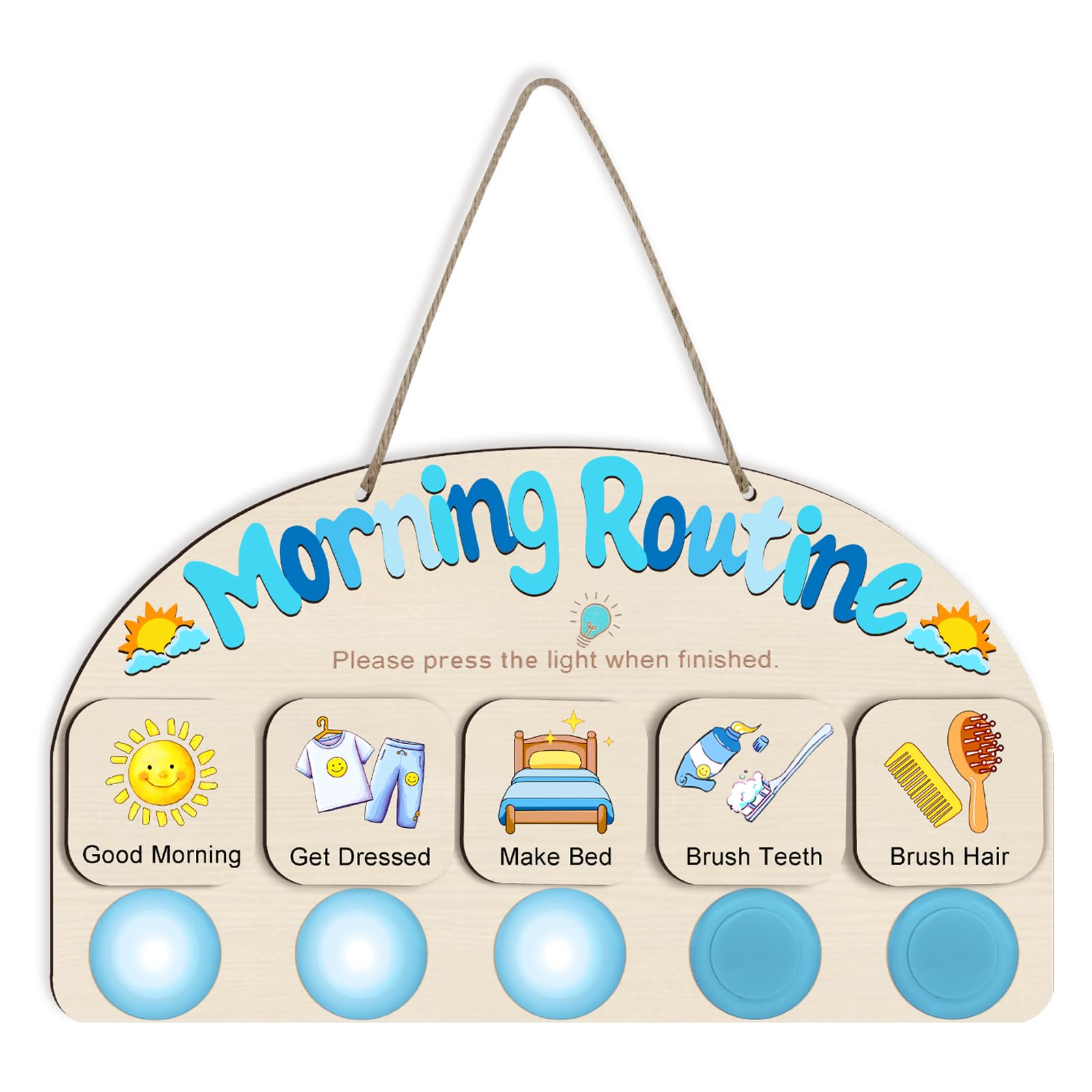Photo 1 of AINBIN Morning Routine Chart for Toddlers, Visual Schedule Chore Chart Night to Do List with 5 Tap Lights & 9 Activity Cards Planning, Wooden Schedule Board for Kids, Preschoolers, Autism, ADHD Tools