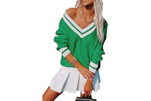 Aoudery Womens V Neck Oversized Sweaters Long Sleeve Cable Knit Pullover Striped Chunky Sweater Casual Tennis Tunic Tops