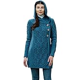 SAOL 100% Merino Wool Women Cardigan Butonned with Hood Aran Leaf Coat Made in Ireland