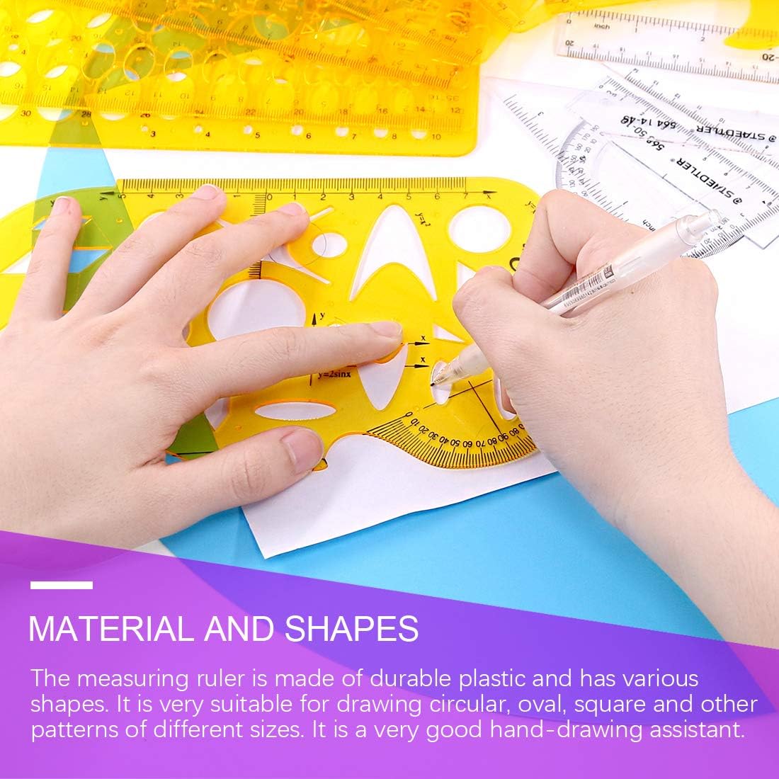 Swpeet 18Pcs Plastic Yellow Geometric Drawings Templates Kit, 10 Different Geometric Measuring Drawings Templates Stencils with 2Pcs Pencil and 5Pcs Measuring Ruler for Drawing Engineering Drafting : Office Products