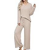 HNG Lounge Sets for Women Two Piece Outfits Fuzzy Fleece Pajama Set Long Sleeve Pullover Sweater Top and Wide Leg Pants