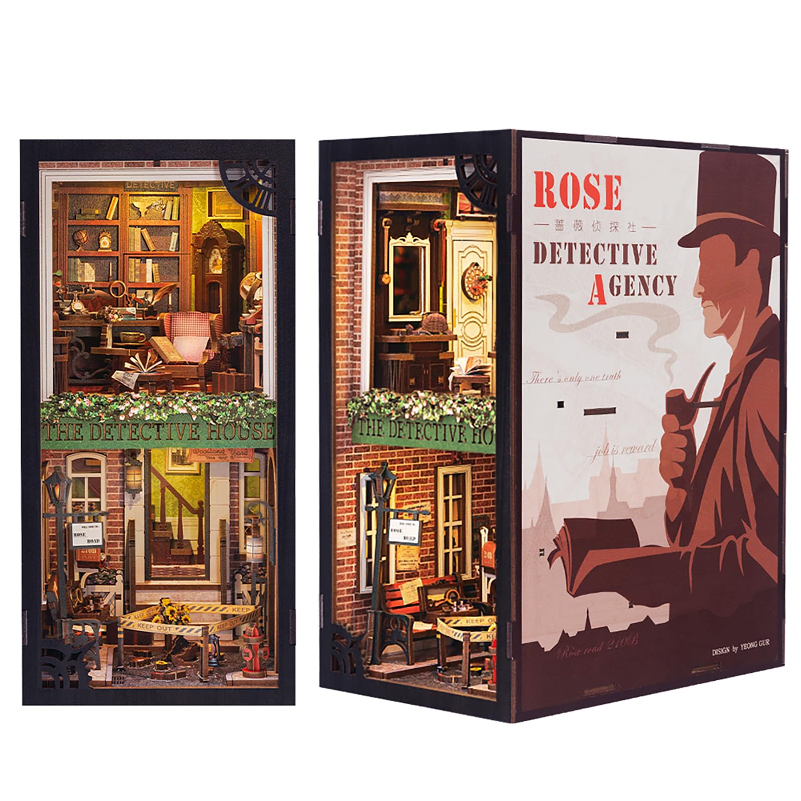 Fsolis Book Nook Kits for Adults, 3D Wooden Puzzles Book Nook, Diy Miniature House Kit Bookshelf Decor Tiny House Model Kits Gifts for Friend (Rose Dective Agency)