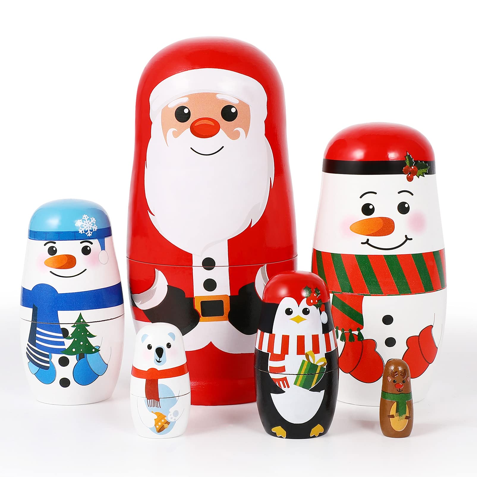 Christmas Wooden Stacking Doll Christmas Russian Matryoshka Doll s Wooden Nested with Santa Claus Elk Snowman Polar Bear Penguin for Birthday Toy Party Home Decor