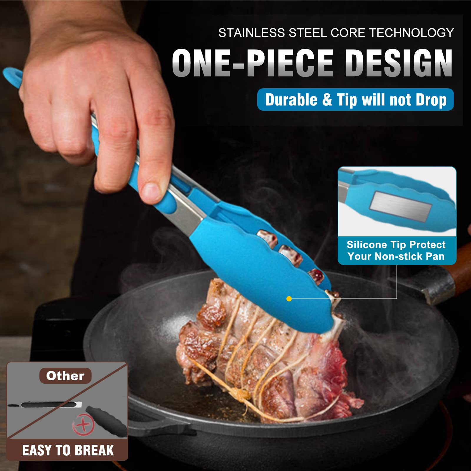 Walfos Silicone Tongs for Cooking - Heat Resistant kitchen tongs for Salad,Cooking, Grilling,Stainless Steel and BPA Free Silicone Tips set of 3 (7