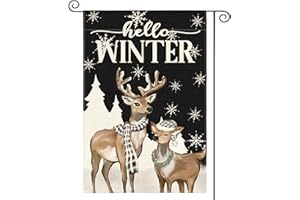 AVOIN colorlife Hello Winter Reindeer Snowflake Garden Flag 12x18 Inch Double Sided Outside, Winter Rustic Seasonal Yard Outdoor Decorative Flag Black