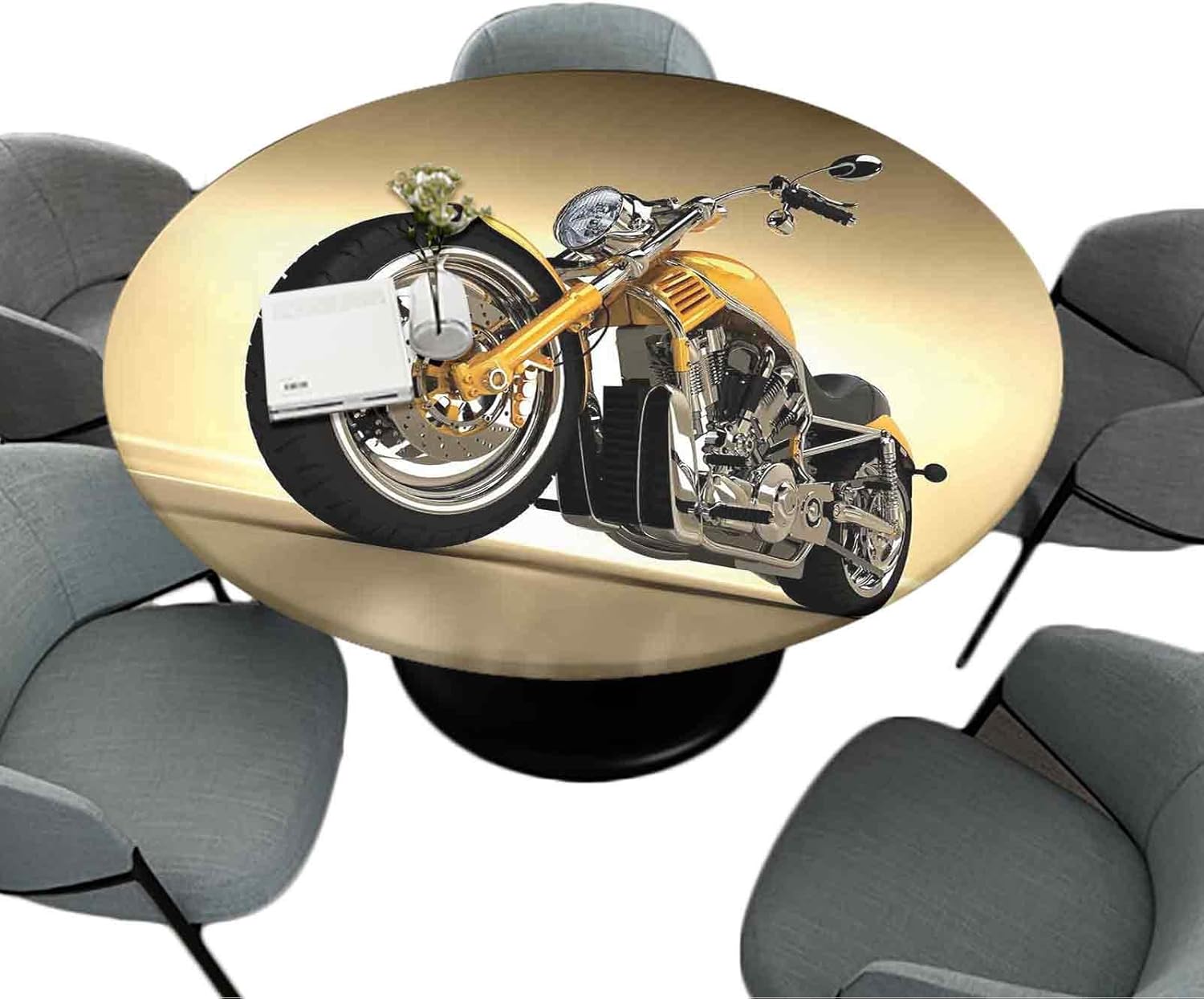 Fitted Table Clothes 55 Inch Round Tablecloths Home Kitchen Decor Iron Custom Aesthetic Hobby Motorbike Futuristic Modern Mirrors Riding Theme Yellow Silver