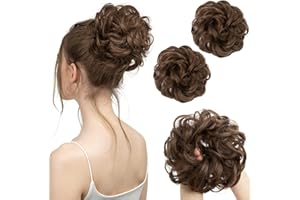SARLA 2PCS Messy Hair Bun Hair Pieces Wavy Curly Synthetic Updo Fake Scrunchies Ponytail Extension for Women Medium Brown