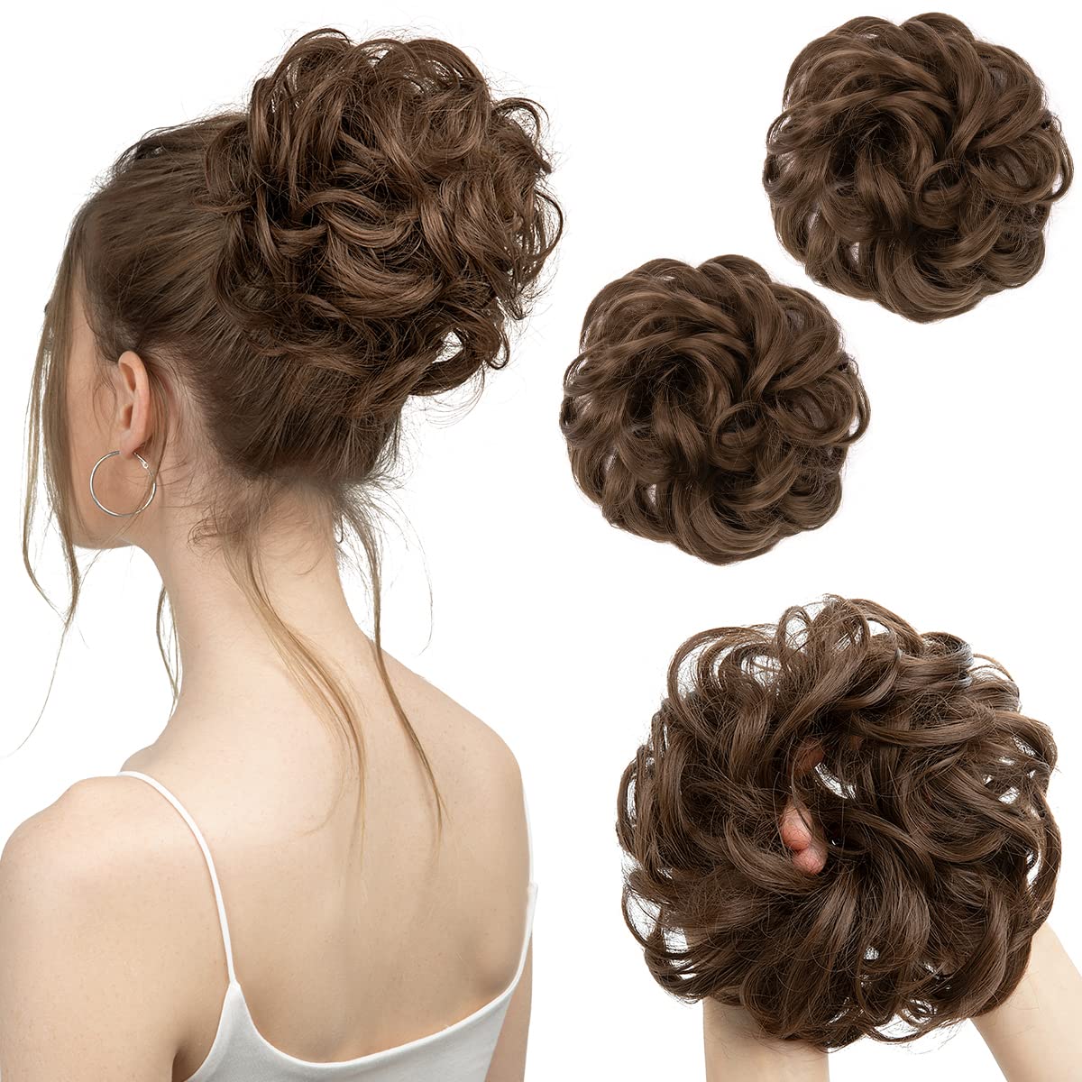 SARLA 2PCS Messy Bun Hair Pieces for Womens Synthetic Scrunchies Buns Extension Hairpieces Updo Pony Tail Medium Brown — image 1