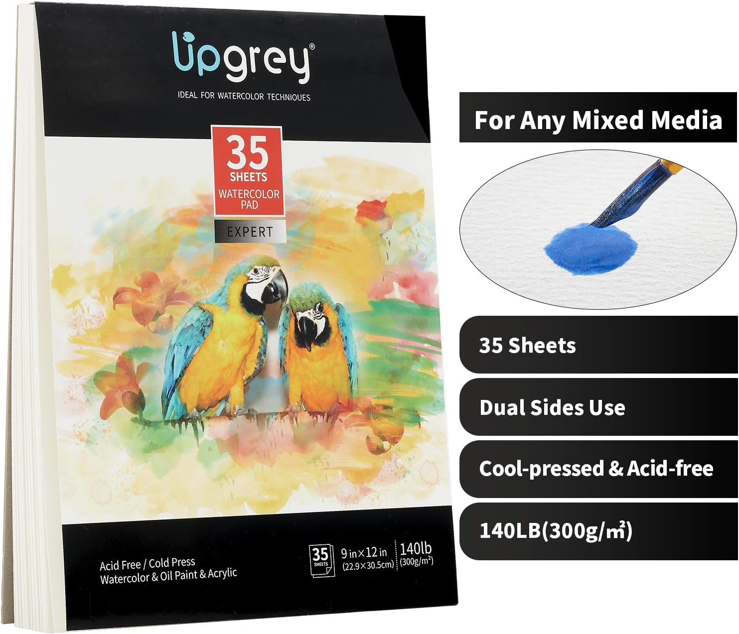 UPGREY Watercolor Paper Pads 35 Sheets Acrylic Painting Paper 9"x12" Sketch Pads Drawing Paper Acid Free Sketchbook Watercolor Journal Cold-Pressed Double Sided for Wet & Dry Media (140lb/300gsm)