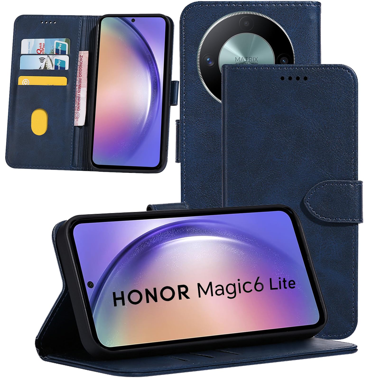 HuiYouMY 1 Case Compatible with HONOR Magic 6 Lite Leather Phone Case, Wallet Case Cover [Card Slots] [Kickstand] Magnetic Closure Full Protection Book Folio Design wallet flip phone case - Navy