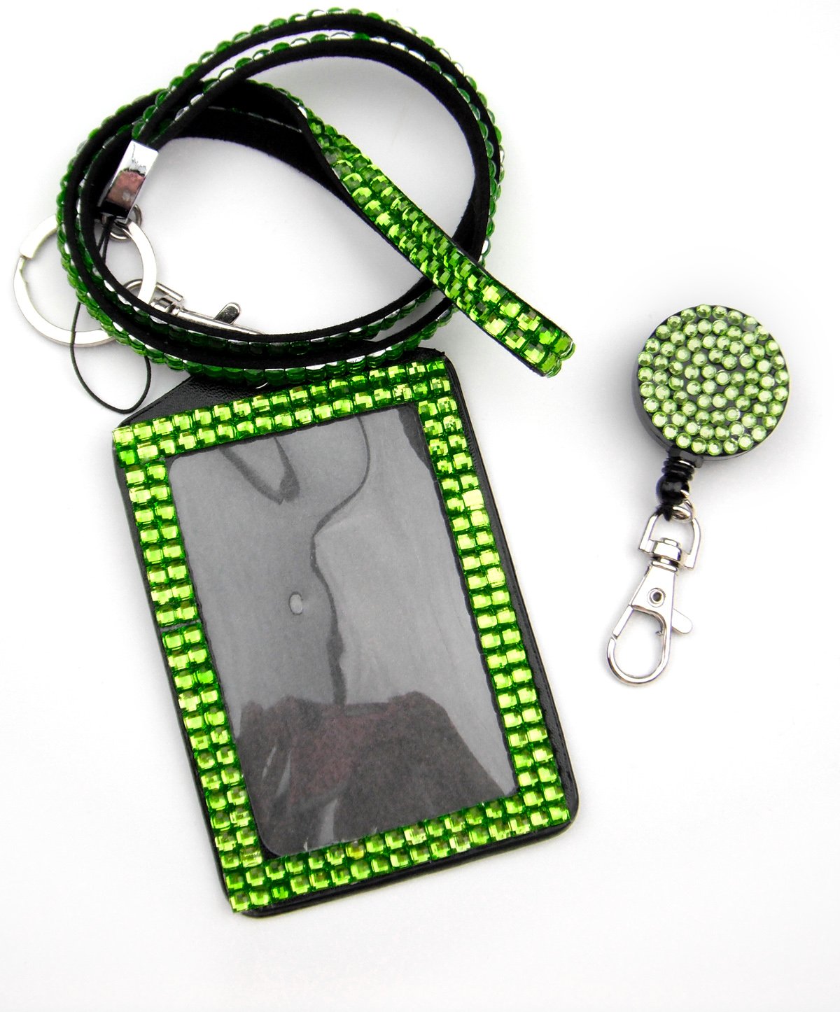 ALL in ONE Rhinestone Lanyard Bling Crystal Necklace + Badge Reel + Card Holder for Business Id/key (GREEN)