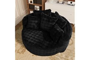 ONEMMLION 58" W Oversized Round Chaise Lounge Chair Indoor Boneless Faux Fur Plush Fluffy Circle Couch Soft Comfy Cozy Cloud Reading Chair with 5 Pillows for Living Room, Playroom, Bedroom - Black