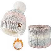 Bodvera Womens Winter Beanie Hat Scarf Set,Thermal Fleece Lined Women Beanie with Pom Warm Knitted Neck Scarf Cold Weather