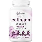 Micro Ingredients Multi Collagen Pills for Women & Men, 240 Capsules | Type I, II, III, V, X | Hydrolyzed Peptides with Biotin, Hyaluronic Acid, & Fat Soluble Vitamin C Complex | Non-GMO, Filler Free
