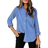 siliteelon Womens Button Down Shirts Cotton Striped Dress Shirt Long Sleeve Collared Office Work Blouses Tops