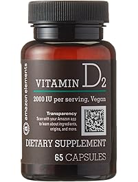 Amazon Brand - Amazon Elements Vitamin D2 2000 IU, Vegan, 65 Capsules, 2 month supply