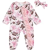 Durveency Baby Girl Football Outfit Newborn Long Sleeve Zipper Romper Bow Football Jumpsuit Footie Fall Clothes