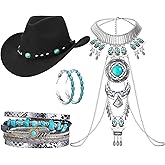 Landical 4 Pcs Boho Turquoise Jewelry Set, Cowboy Western Hat Boho Statement Necklace Body Chains Leather Wrap Turquoise Bracelet Alloy Oval Drop Dangle Earrings