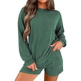miduo Womens 2 Piece Sets Ribbed Textured Knit Long Sleeve Shirts and Shorts Matching Lounge Set Loungewear with Pockets