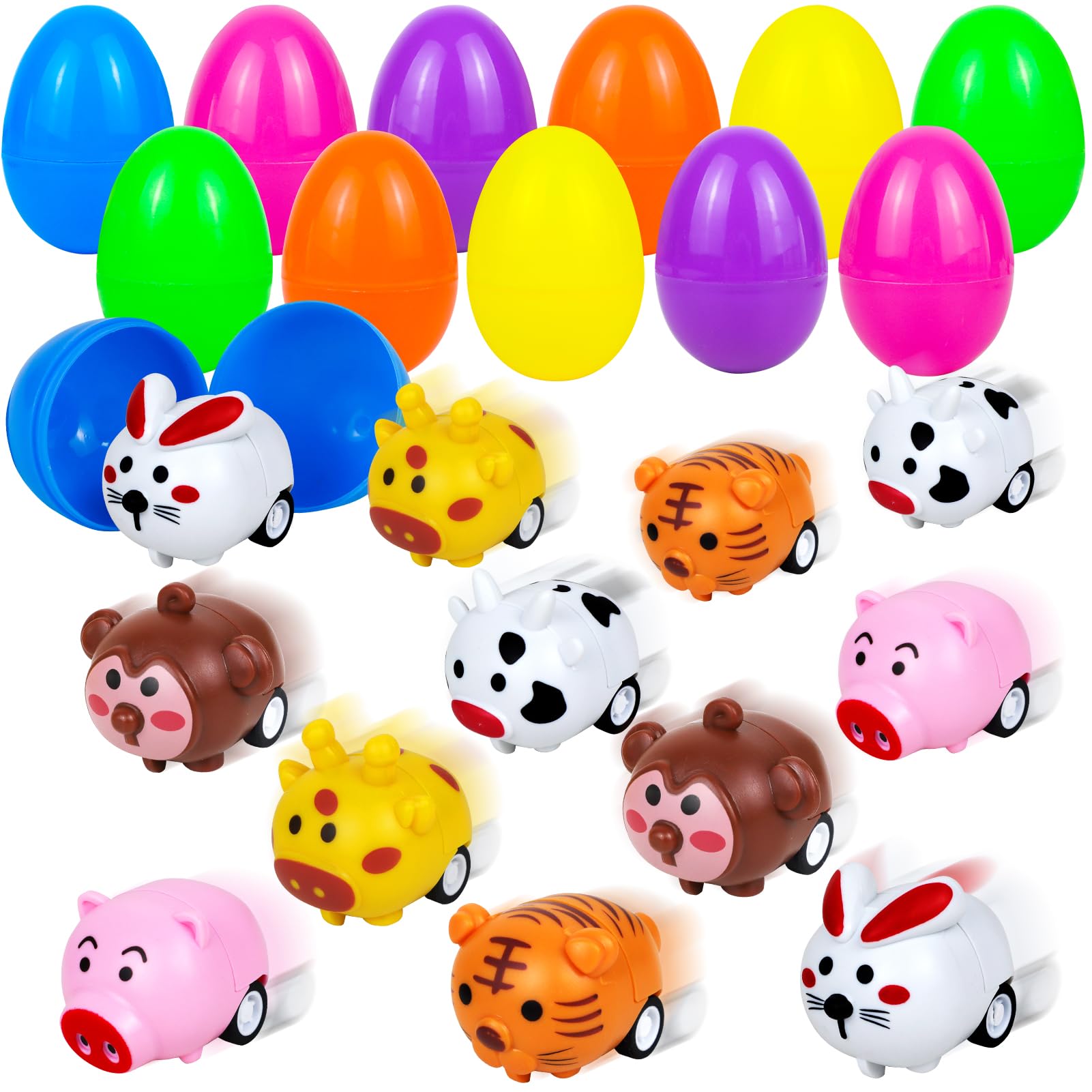 JOHOSEEK Easter Egg Fillers with Pull Back Cars Toys, Easter Eggs Filled Easter Basket Stuffers for Toddler Kids Boys Girls, 12 Pcs Mini Small Animal Car Toys & Easter Eggs for Party Favors Egg Hunt